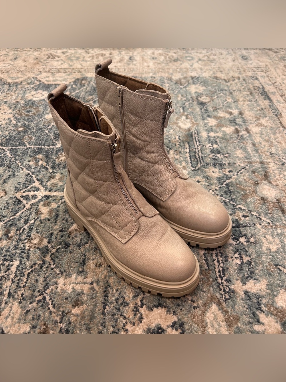 Front-Zip Quilted Combat Boots in Taupe